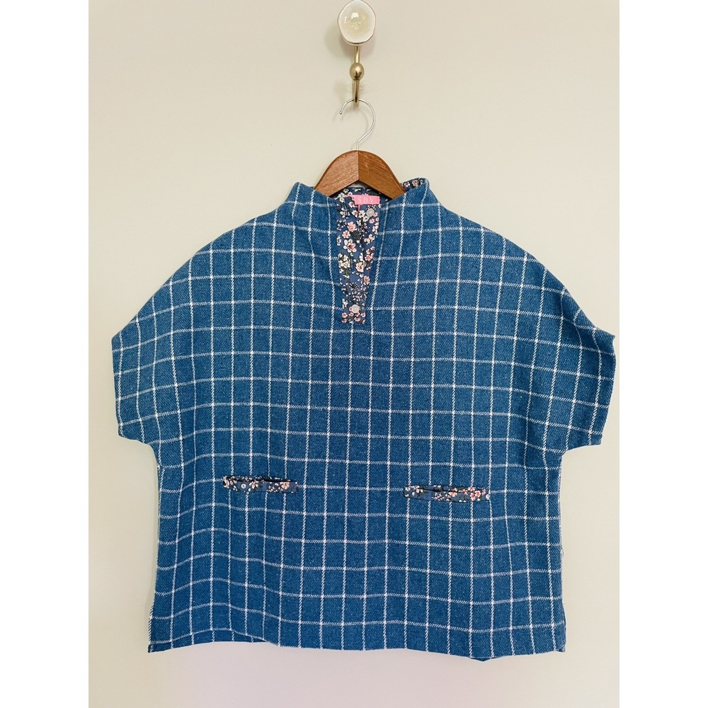 Bisby Window Pane Plaid Blue White Floral Tweed Wool Blend Cape. Youth Small.